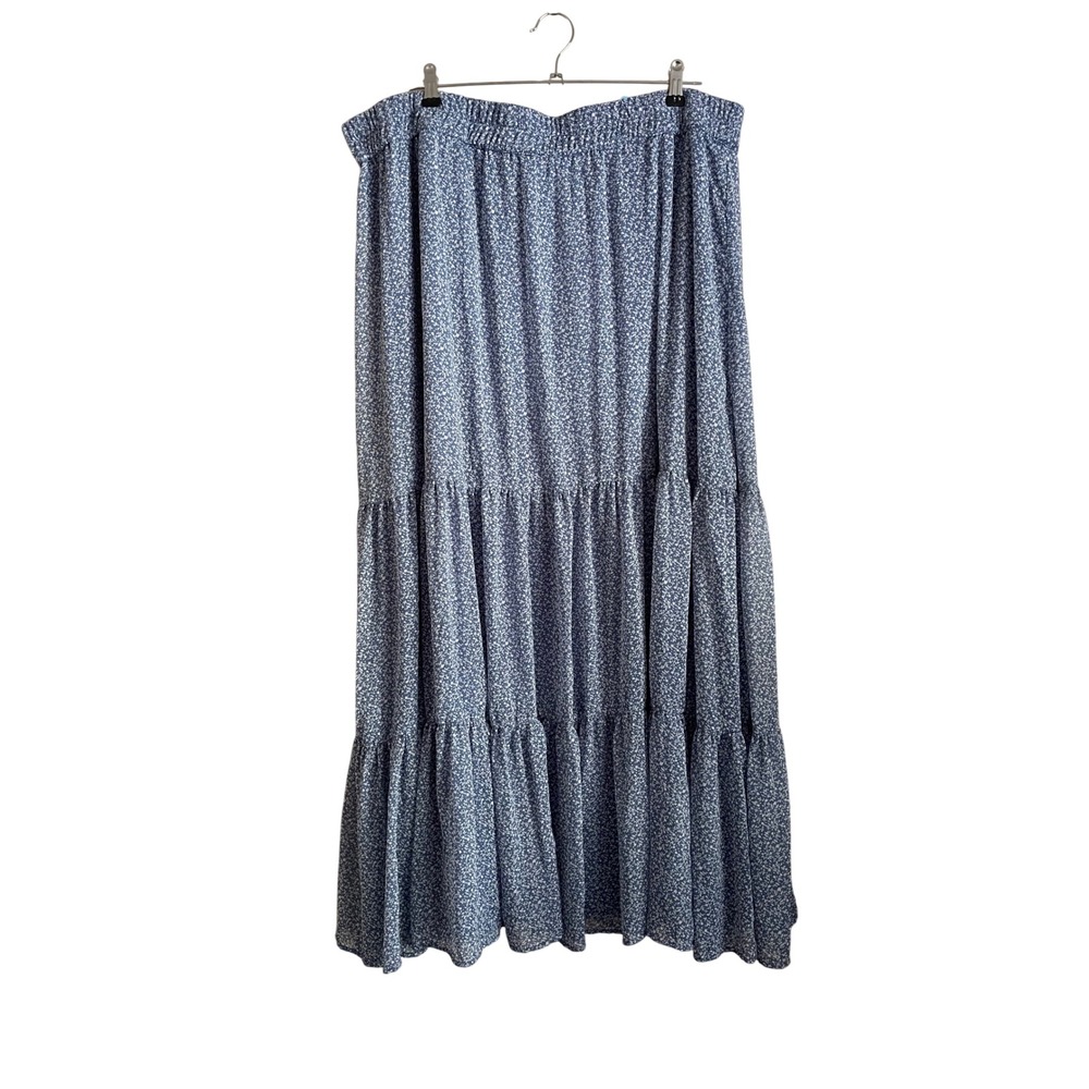 Boho Blue Ditsy Floral Pull On Tiered Maxi Skirt C 3X Plus Size Modest Stretch
